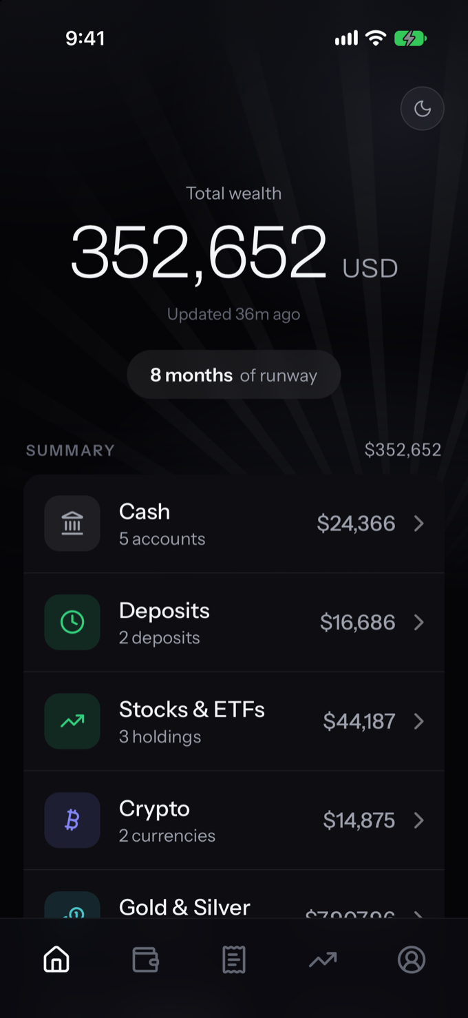 Loam home screen showing total wealth, runway and a summary of cash, deposits, stocks and crypto