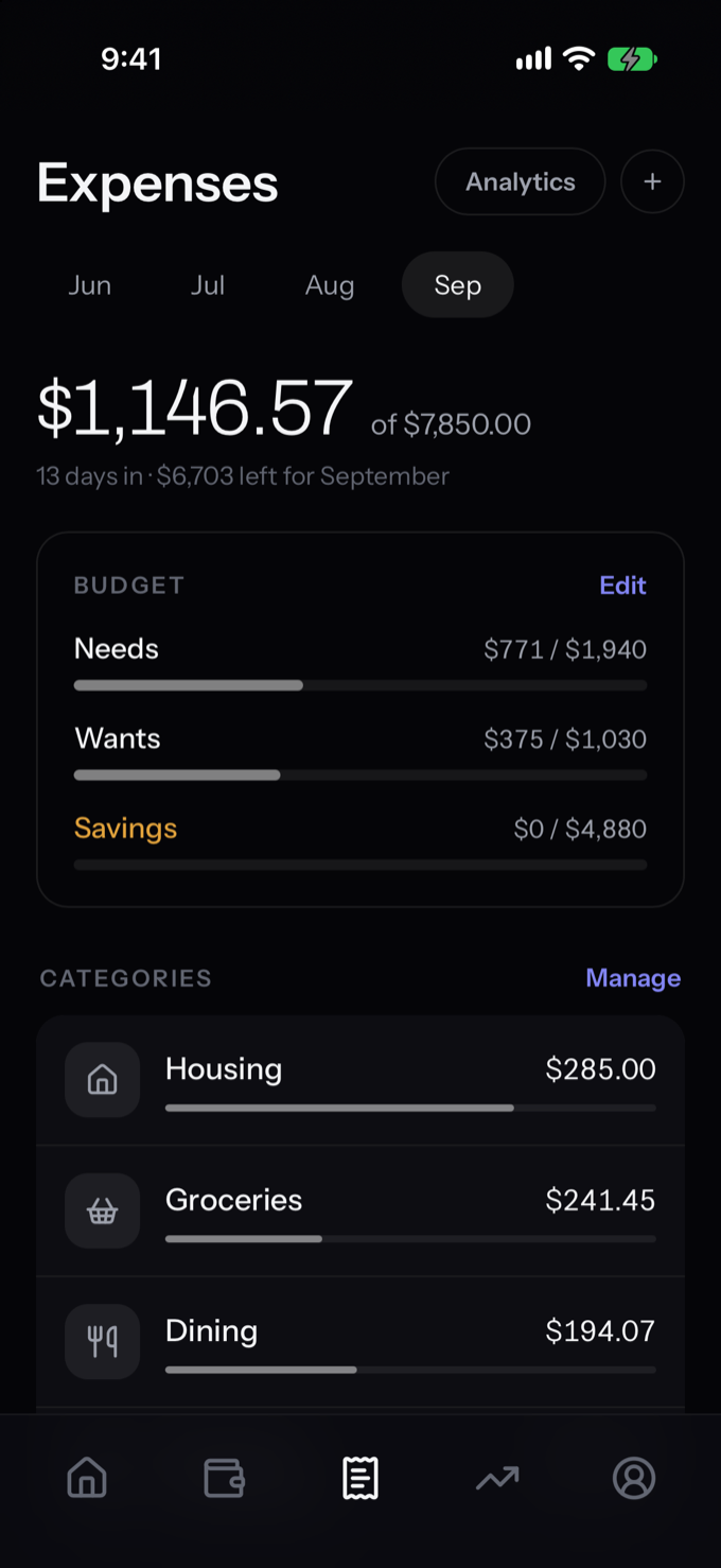 Expenses screen with budget and categories