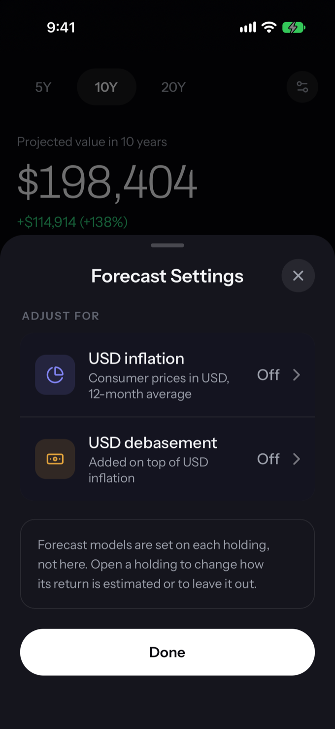 Forecast settings sheet with inflation and debasement